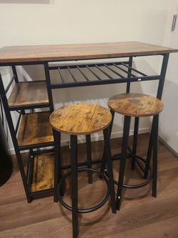 Industrial Bar Table Set with 3-Tier Storage Shelves and 2 Stools