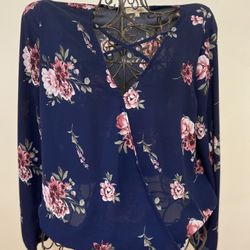 Navy Blue Blouse adorned with a pink floral pattern