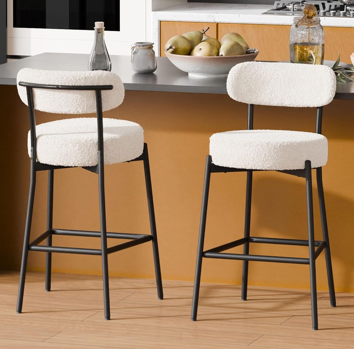 White Bar Stools Set of 2, Boucle Counter Height Bar Stools 28" Modern Barstools Counter Stools with 4'' Thick Round Seat Tall Metal Bar Stool with Cu