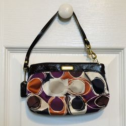 New Coach signature leather & satin wristlet in purple cream orange & brown