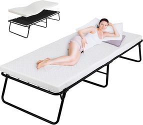 Folding Bed,Rollaway Bed with Mattress for Adults,Portable Bed,Metal Frame with Memory Foam Mattress,for Bedroom,Office,Camp,No Assembly Req