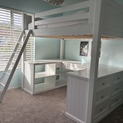 White Loft Bed With Desk, Drawers And Shelves 
