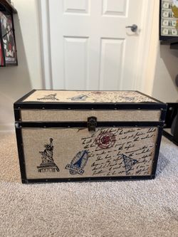 Decorative Storage Trunk Travel Print Linen 27.5" Black Trim