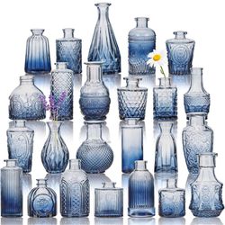 24pcs Glass Bud Vase Set in Bulk, Gradual Blue Relief Vase for Centerpieces, Mini Vintage Glass Flower Vases for Wedding Home Table Party Decor