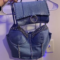 Blue denim corset top and jean bag set 