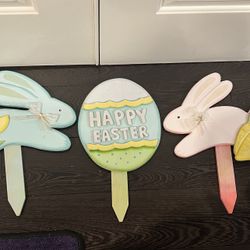 Happy Easter Wooden Yard Garden Signs Egg & Blue Pink Bunny set of 3