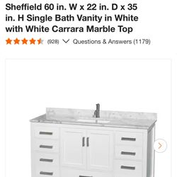 Wyndham Collection Sheffield 60” White Vanity With White Carrara Marble Top