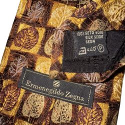 ERMENEGILDO ZEGNA TIE MENS ONE SIZE BROWN SILK LEAF CHECK WOVEN DESIGNER AUTUMN