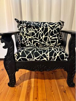Antique wooden bench with custom designer fabric upholstery