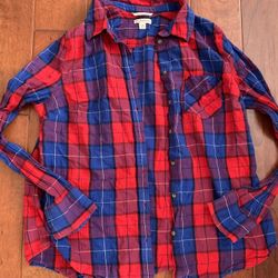 Juniors L Red And Blue Plaid Long Sleeve Shirt 