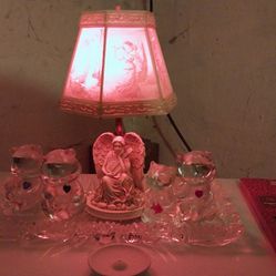 Collectible Night Time Angel Lamp And Glass Bears Three And One Cat Glass