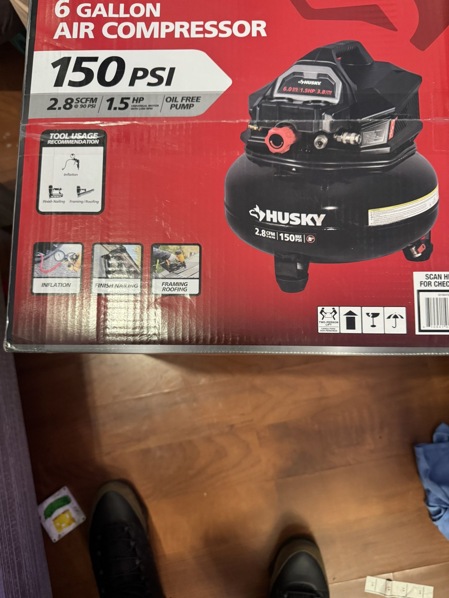 Husky 6 Gal. 150 PSI Portable Electric Oil-Free Jobsite Pancake Air Compressor with Dual Pressure Gauges and 2-Quick Couplers