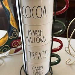 RAE DUNN “TREATS, MARSHMALLOWS, COCOA, CANDY CANES Double Sided Stackable Mug Set of 4 Holiday Collection 