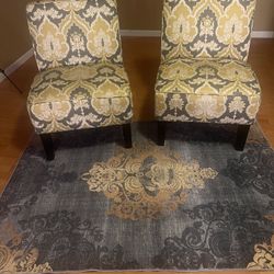 Pair of Patterned Upholstered Accent Chairs with Floral Rug Combo