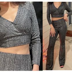 Crop top & Flare pants set metallic silver women’s Size Medium