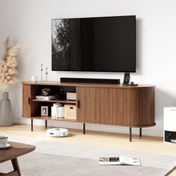 63" TV Stand for 70" TV, Wood Entertainment Center with Storage and Shelves, 2 Sliding Tambour Doors, Mid-Century Modern, Walnut  Fit: For 