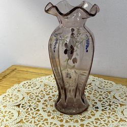 Purple Vase, Hand Painted Flowers, 8”