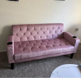 62''W Tufted Linen Fabric Sofa Couch Loveseat w/ 2 USB Charger Ports & Cup Holders Pink