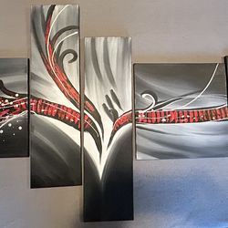 Modern 5-Panel Abstract Wall Art – Red, Black & Gray Canvas Set
