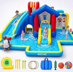 Neche Inflatable Water Slide with 550W Blower, Bounce House with Dual Slides, Splash Pool, Backyard Water Park for Kids Ages 3-8