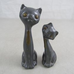 Vintage Pair Of Pewter Cat Figurines With Brass Eyes & Neckties
