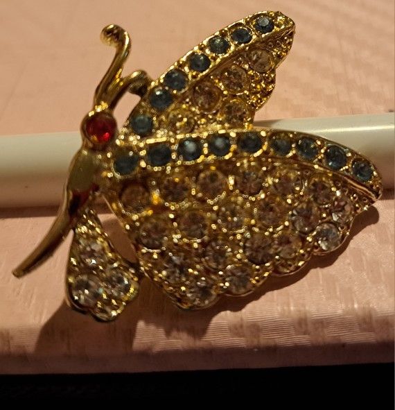 Antique Butterfly Pin With "Diamond", Green,  And Red Stones On Gold Plated