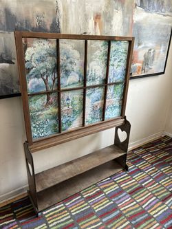 Vintage upcycled hand-painted garden scene on an 8 pane old window frame +Base