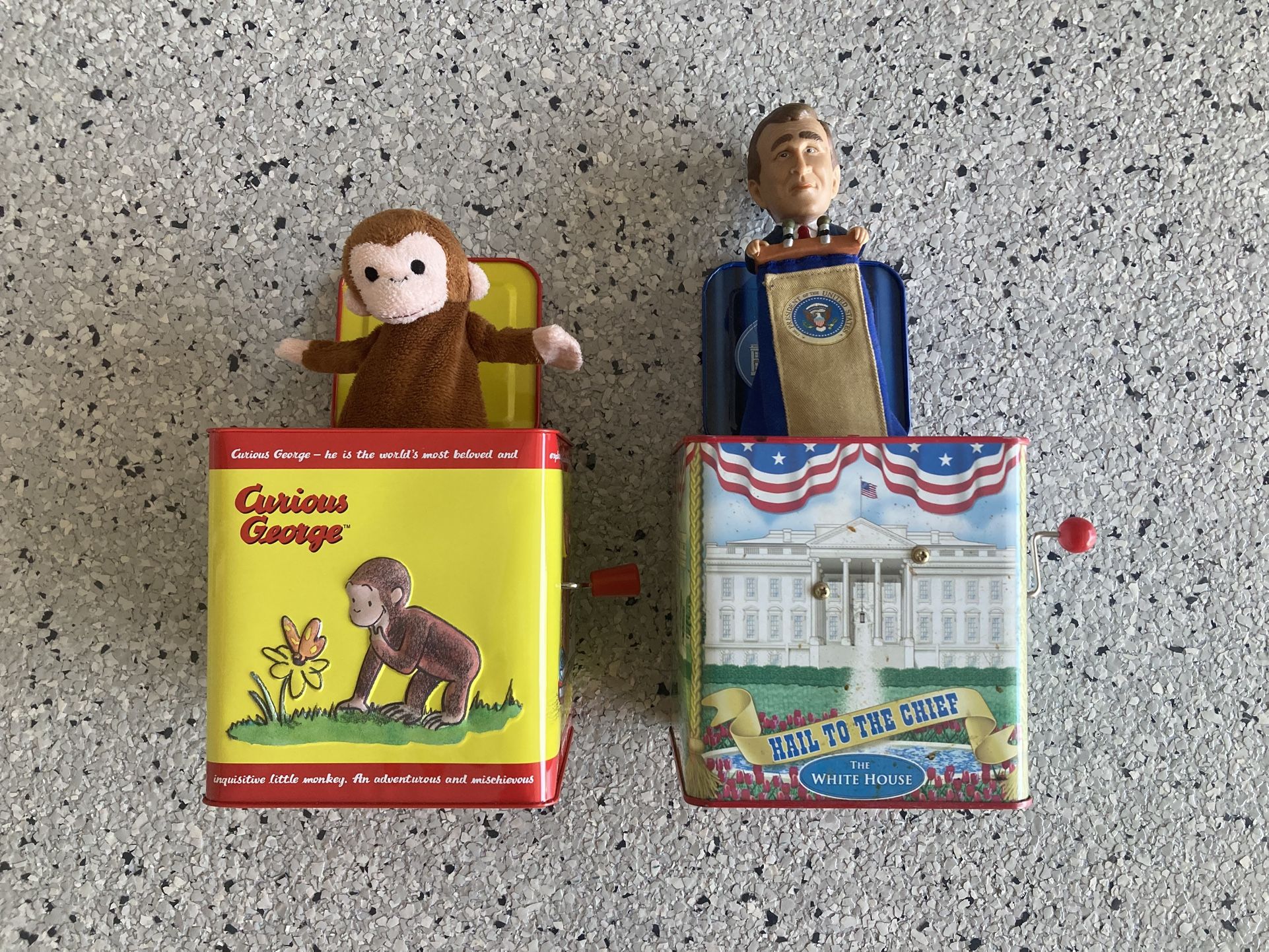 2 Vintage Jack In The Box Toys. George Bush/ White House/ Curious George.