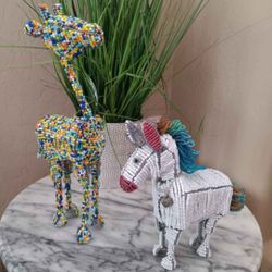 $20 Swazi Khutsala Handcrafted Colorful Beaded Wire African Giraffe and Unicorn.Both $20