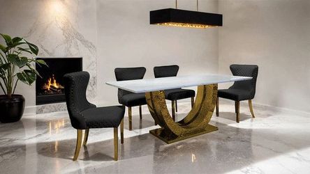 Portanova 7 Pc. Dining Table Set in Gold/Black - We Finance! No Credit Needed!