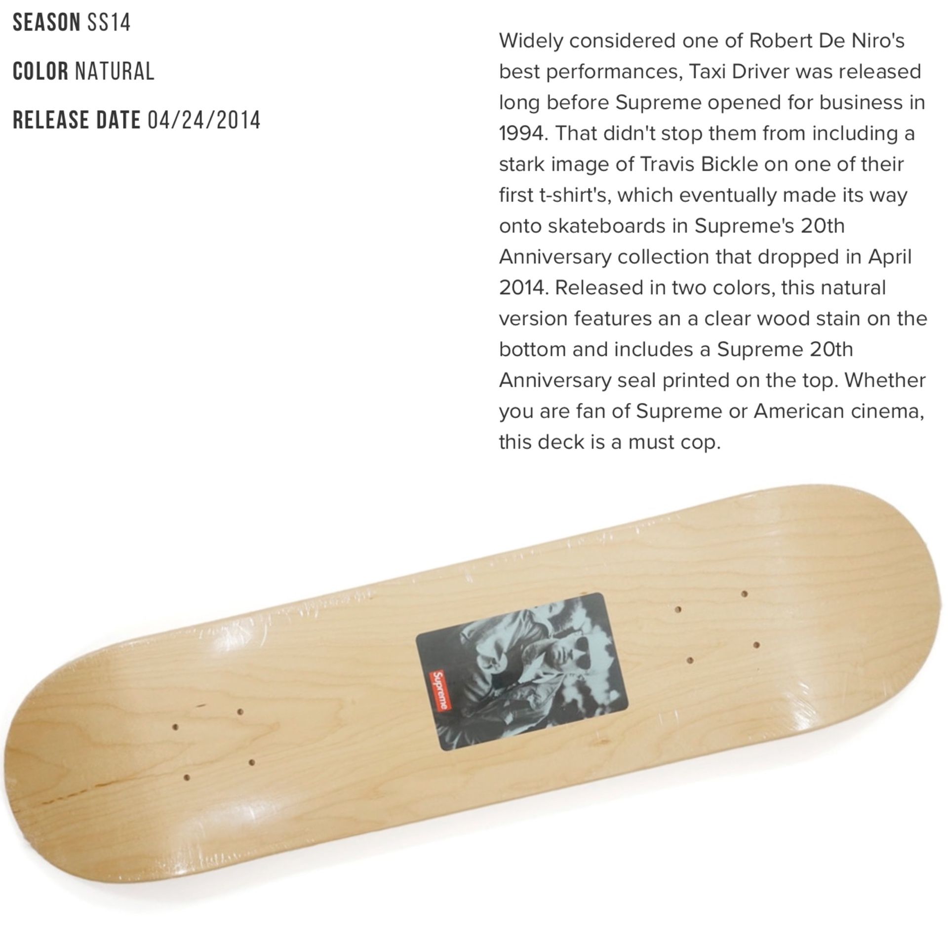 未使用14SS Supreme 20th Taxi D Deckデッキ Supreme 2014 20th Anniversary Box Logo Taxi Driver Skateboard Deck