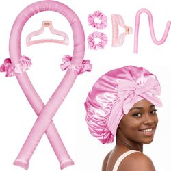 Heatless Hair Curler,Blowout Heatless Curls Overnight,No Heat Curling Rod Set with Silk Bonnet for Sleep in,PInk