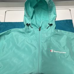 Champion Men's Small Windbreaker Pullover Jacket Teal Blue Hooded Half-Zip
