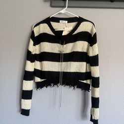 Striped Knit Sweater – Distressed Hem, Trendy Look S