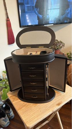 Vintage Black Noir Jewelry Armoire / Jewelry Box – Mirror, 5 Drawers & Jewelry Included