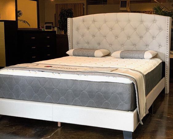 Queen size khaki bed with mattress and free delivery $339