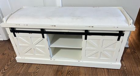 Padded antiqued bench sliding doors white storage