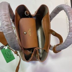Prada Brown Top Handle Bag Logo Accent, Gold Hardware,Detachable Strap 