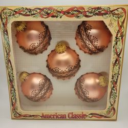 Set Of 5 Vtg Glass Christmas Ornaments Krebs American Classic Peach Glitter