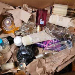 Box Of Various Vintage Perfume Bottles. Some have small amounts of perfume left. 