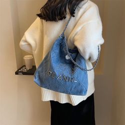 Denim large bag women's 2024 new spring casual diamond chain shoulder bag large-capacity commuting tote bag