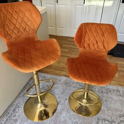 2 Orange Velvet Bar Stools
