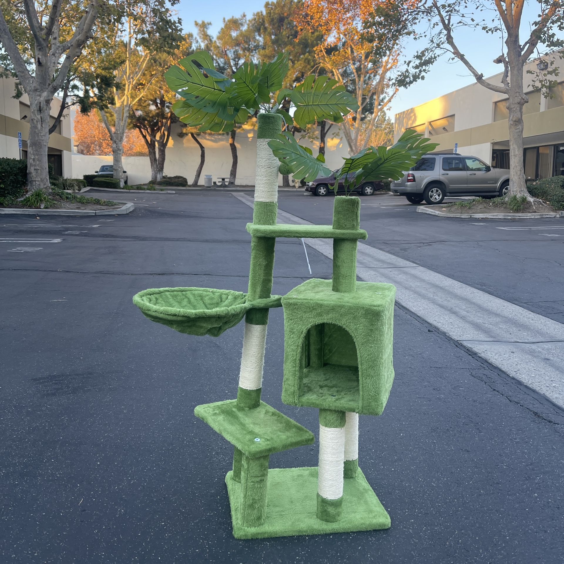 Cat Tree with Leaves for Indoor Cats, 47" Cute Cat Tower with Scratching Post, Cat Condo with Large Hammock, Padded Plush Platform and Dangling Ball