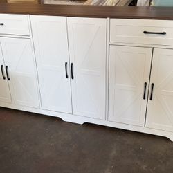 71” Large Sideboard Buffet Cabinet with Storage, Farmhouse Kitchen Buffet Cabinet with Adjustable Shelves and 6 Barn Doors, Wood Coffee Wine Bar Conso