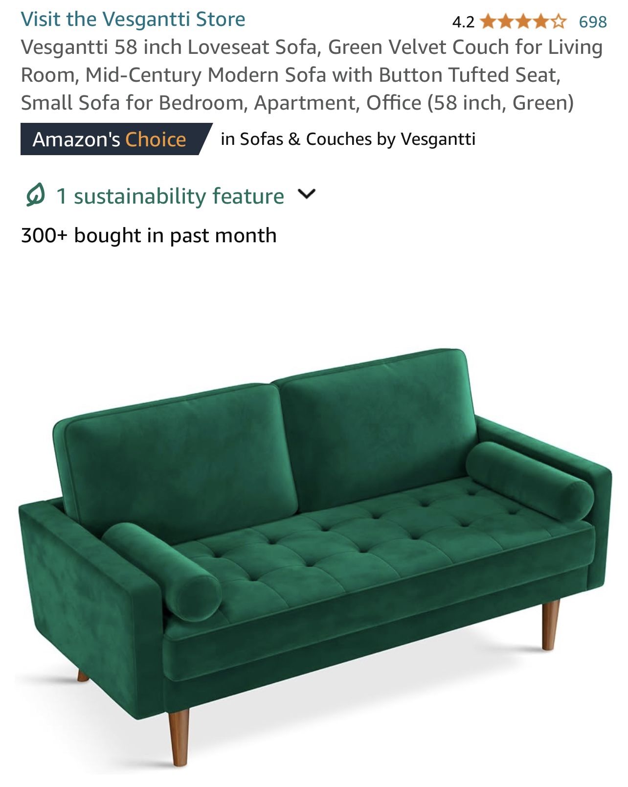 Green 58 inch Loveseat Sofa, Green Velvet Couch for Living Room, Mid-Century Modern Sofa with Button Tufted Seat