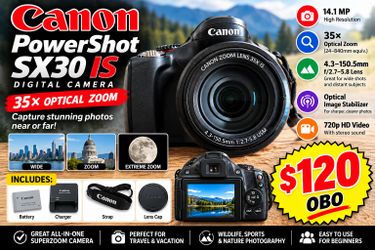 Canon PowerShot SX30 IS Digital Camera – 35x Optical Zoom – $120 OBO
Canon PowerShot SX30 IS superzoom digital camera in good pre-owned condition. Gre