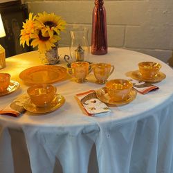 11 Piece Indiana Amber Set Of Cups And Saucers Milk Pitcher ,Sugar bowl And Serving Plate