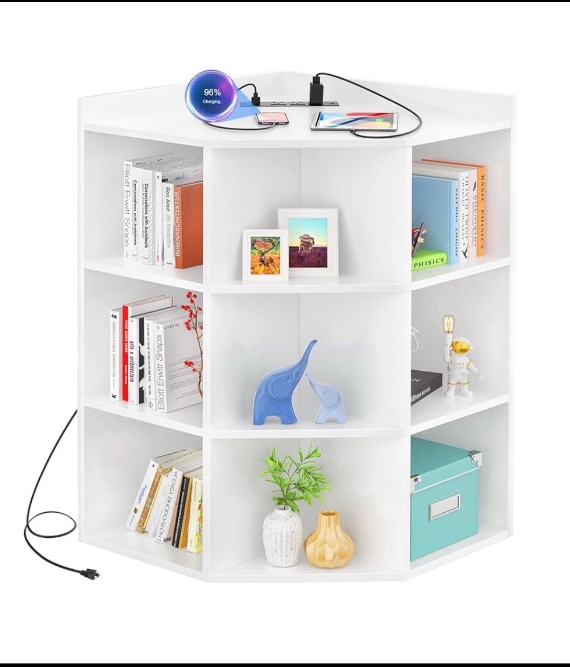 Aheaplus Corner Cabinet Power Outlet & LED Lights & 9 Storage Cubes White