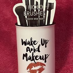 Wake Up And Make Up Stoneware 5” Tall Cosmetic Make Up Brush Holder NEW in Box!