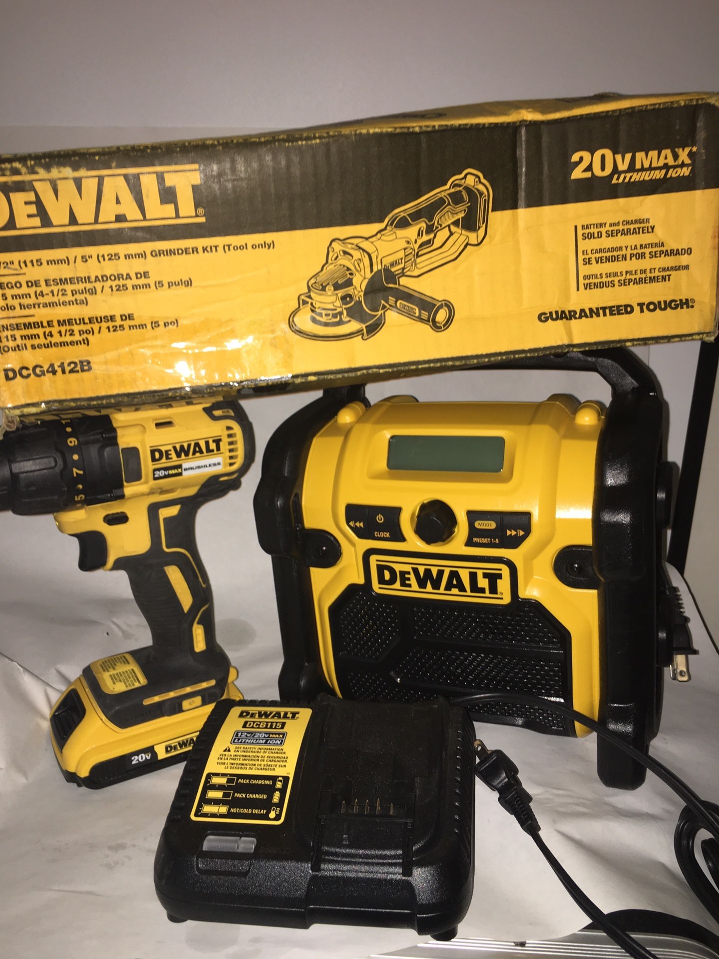 Dewalt DCG412B 20V MAX Lithium Ion 4-1/2” grinder New Display DEWALT 20V MAX/18V/12V Jobsite radio DEWALT DCD77 20V Max Lithium-Ion Brushless Compact